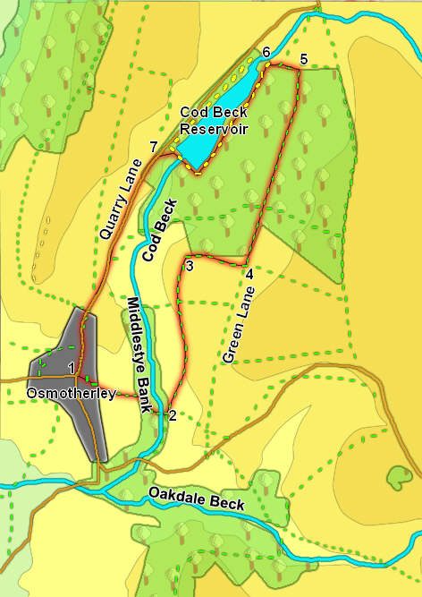 This map shows our walk from Cod Beck Reservoir to Osmotherley