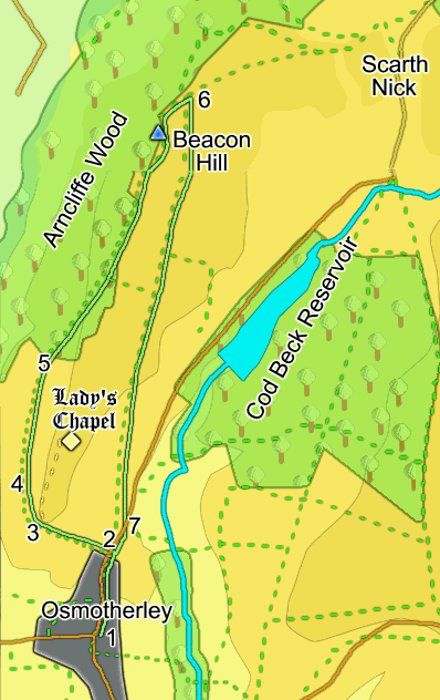 Map for walk SE4597/01: Osmotherley to Beacon Hill.